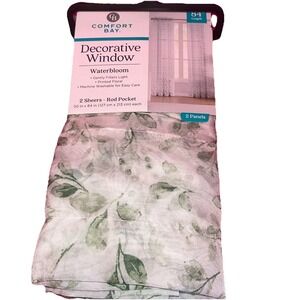 Comfort Bay decorative window, rod pocket 84" 2 panels. Sheer White/Green Leaves